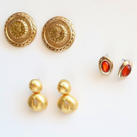Bundle 3 Pairs Vintage Gold Silver Dangle Stud Clip-on Amber Coin Earrings S M L - Picture 1 of 12